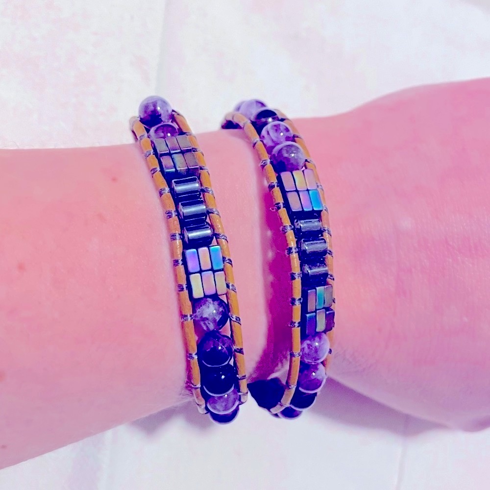Amethyst, hematite, leather double wrap bracelet